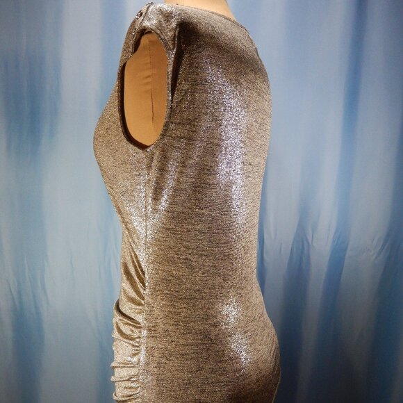 Calvin Klein Gold Shimmer Ruched Sleeveless Top Button Accents on Shoulder Small - Picture 3 of 14